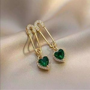 Gold Safety Pin Dangle Earrings Green Stone